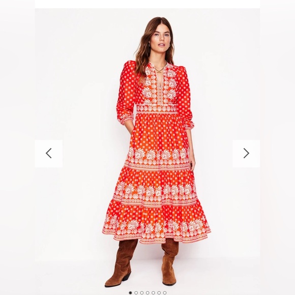 Boden Violet Cotton Midi Dress Firecracker Red, Palm Flora 4 - Picture 3 of 12